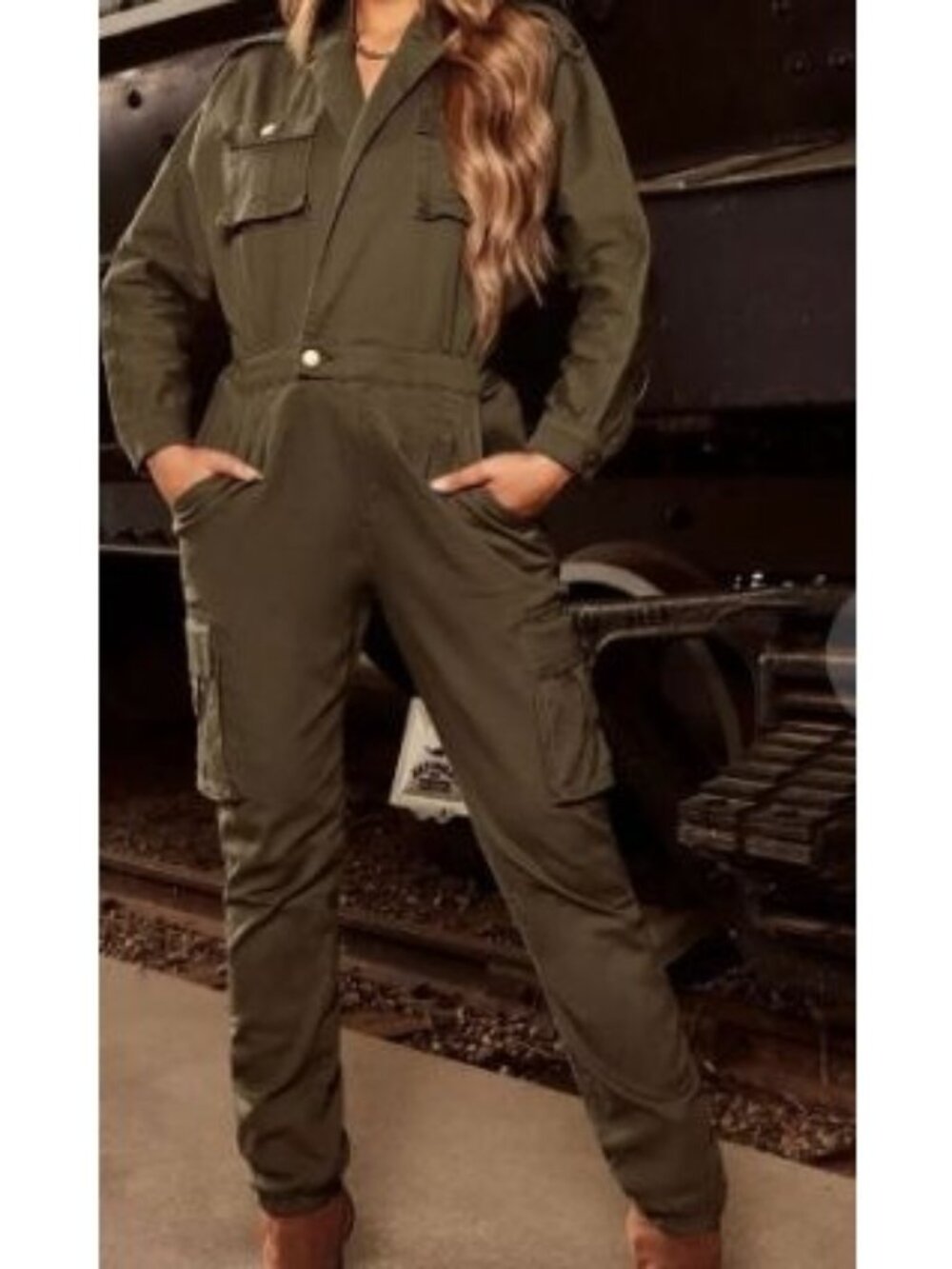 Fashion Nova Olive Army Green Cargo Pockets Jumpsuit Womens Plus Size 2X